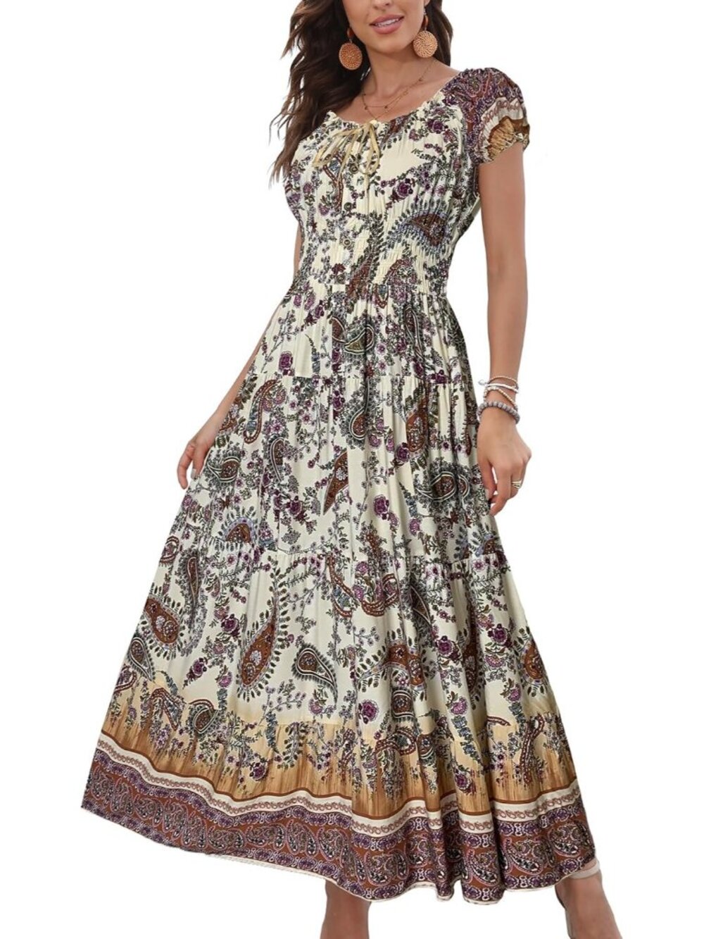 Women Apricot Cashew Floral Flowy Print Tiered Short Sleeves Summer Maxi Dress
